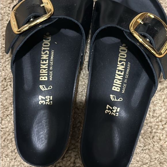 Birkenstock Shoes - Birkenstock Black Madrid-style Slip-On Sandals with Gold Buckles